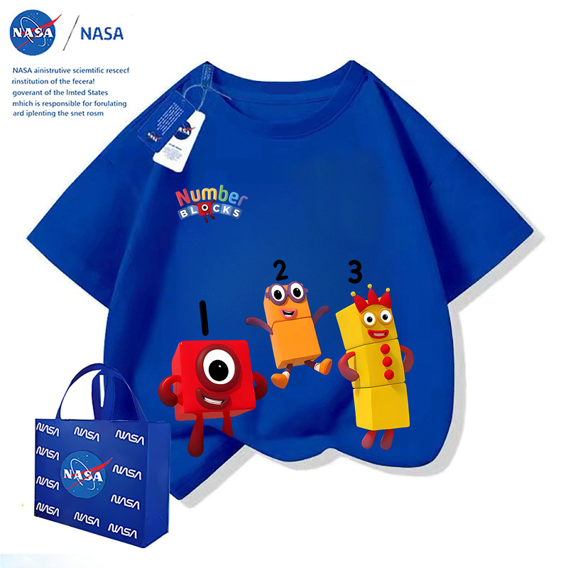 NASA 半袖 T シャツ服 2025 年夏人気のデジタル ビルディング ブロック男の子と女の子用、中型および大型の子供用半袖トップス|undefined