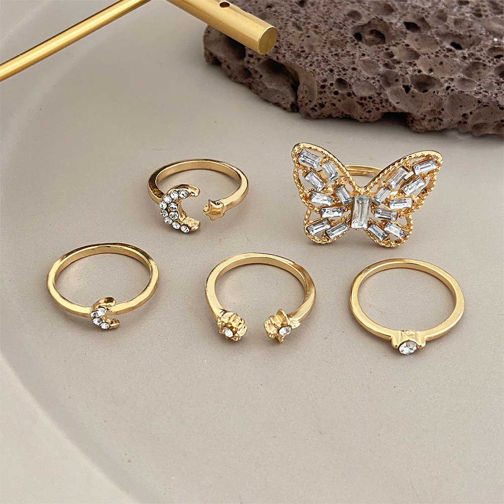 cross-border jewelry Bohemian style creative diamond-studded star moon butterfly ring 5-piece set
