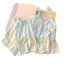 带胸垫睡衣女夏季新款蓝色云朵棉提花吊带短裤甜美风家居服两件套