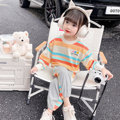 女童彩色條紋拼接套裝2024春季新款韓版兩件套一件代發洋氣童裝潮
