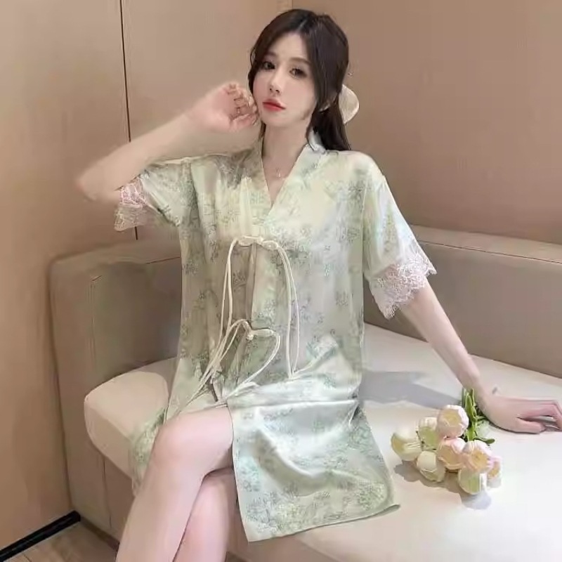 新中式夏季凉感中长款睡裙女国风水墨画蕾丝花边开衫休闲家居服潮