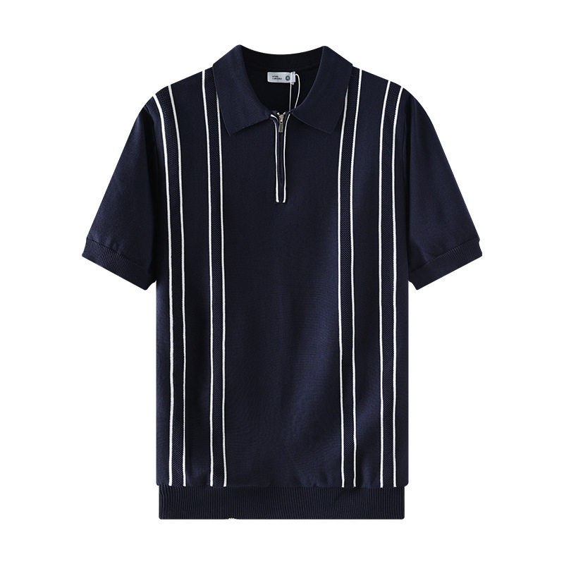Polo camiseta camiseta de punto camiseta de manga corta camiseta de hombre solapa media cremallera rayas viejas líneas de viento de hielo de verano fábrica transfronteriza al por mayor