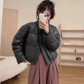 pu皮羽绒服女2023年短款高腰肯豆风冬季白鸭绒小个子新款免洗外套