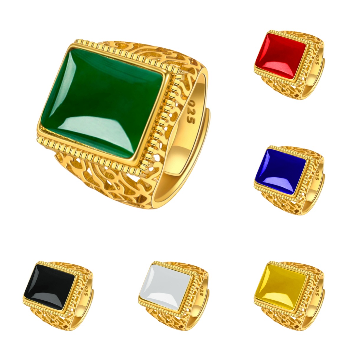 Hot Sale Tree of Life Hollow Square Green Jade Agate Ring Open Retro Branch Green Bile Chalcedony Ring for Men