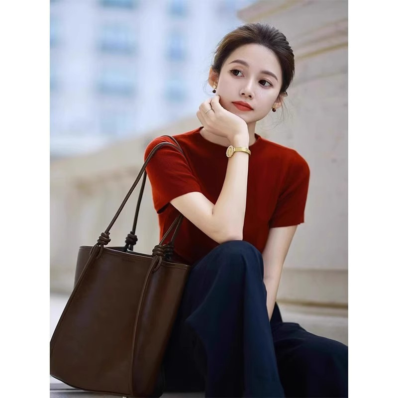 Angla Red Small Vertical Collar Half-Sleeve Knitted Shirt Women's Spring and Autumn Anglo Wear Western Style Inner Base Shirt Top