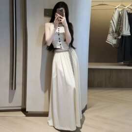 法式复古气质优雅无袖收腰显瘦单排扣连衣裙长裙 不含腰带图片色