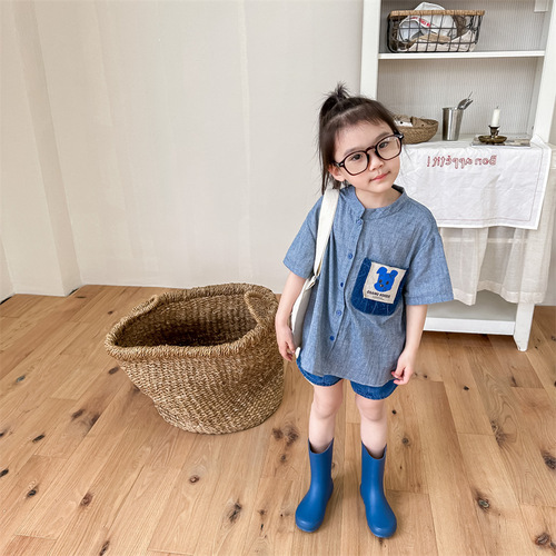 2024 new children's clothing summer products Children's summer clothing Korean style denim short-sleeved shirts boys and girls shirts 123298