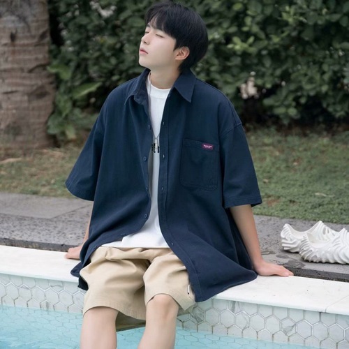 Men's Loose Trendy Korean Style Summer White Short Sleeve Shirt Work Collar Blouse Casual Outerwear