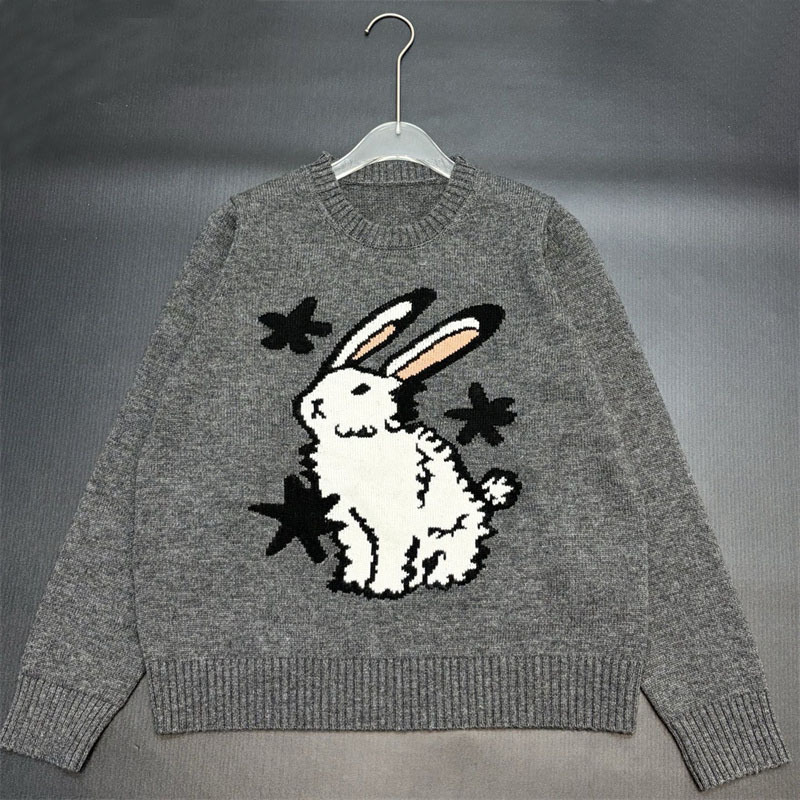 Max Age-Reducing Rabbit Pattern Knitted Sweater for Women Autumn and Winter Loose and Lazy Style Outer Wear Dark Gray Wool Sweater New Style