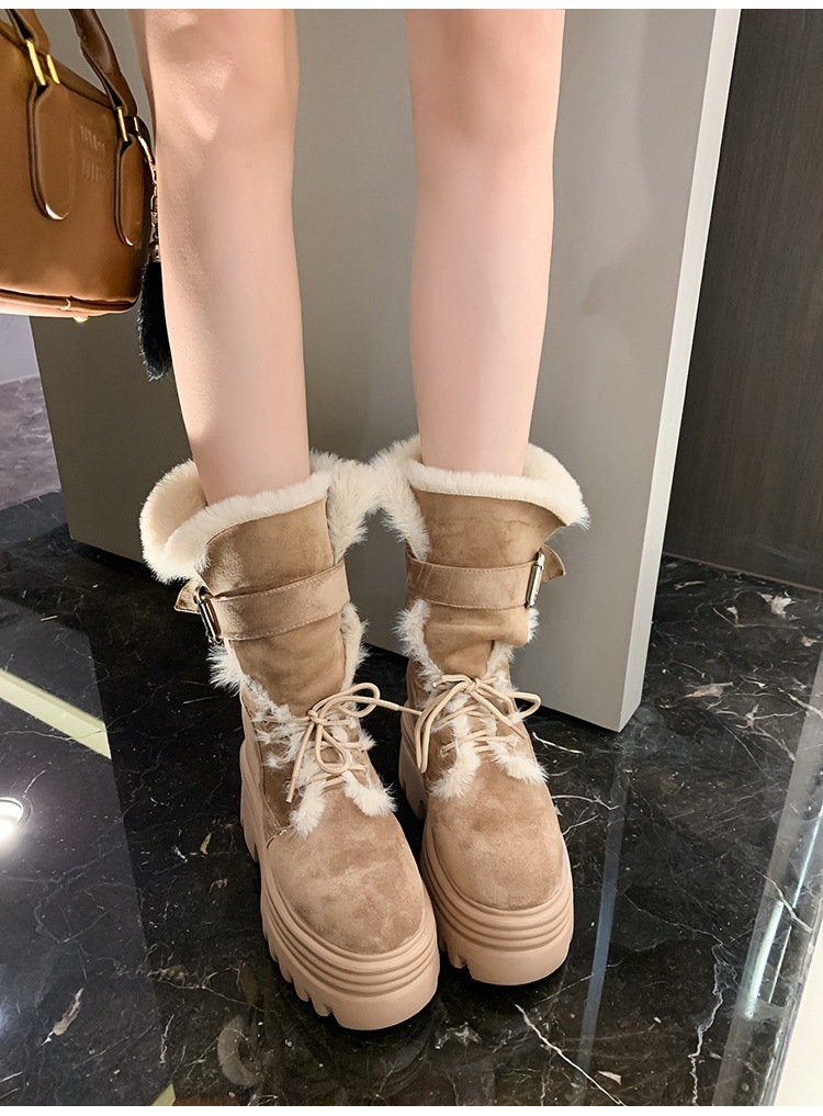 Boot nữ cổ cao ôm bắp chân đế nêm tăng chiều cao 12cm lót lông ấm — mơ 15cm chi tiết 15