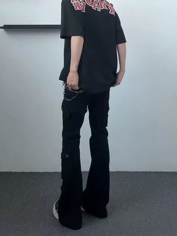 美式高街黑色绑带微喇牛仔裤男秋季新款设计感修身显瘦痞帅休闲裤|undefined