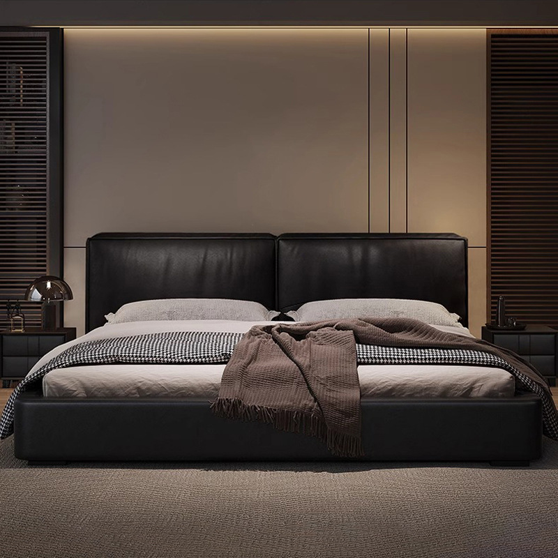 Italiano minimalista cama de cuero real dormitorio principal tatami moderno minimalista luz lujo elegante tofu bloque cama doble Negro