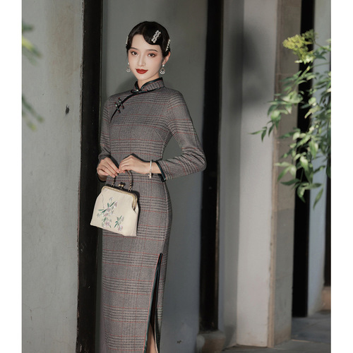 Cheongsam Chinese dress retro qipao for women  wool linen Fashion Slim Cheongsam Dress Plaid Cheongsam for lady