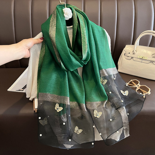  Autumn and Winter New Model Simulated Silk Scarf Women's Butterfly Embroidered Beading Fashion Scarf Warm and Cold-proof Shawl Thin Style