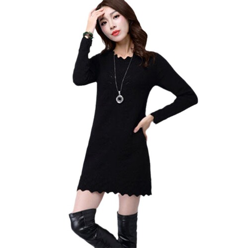 Winter New Women's Hooded Sweater Korean Style Embroidered Fitted Slimming Solid Color Long-Sleeve Knit Top Bottom Dress
