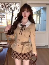韩系甜美学院风撞色拼接西装外套新款洋气减龄格纹半身裙两件套女