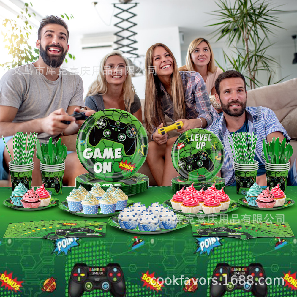 Nuevo mango de juego verde bandeja de papel desechable tazas de papel mesa cubiertos set de decoración de fiesta de cumpleaños para niños