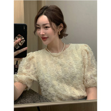 韩国东大门chic小众设计感法式甜美重工立体花朵泡泡袖衬衫女 2色