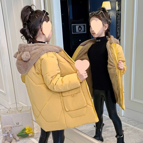 Girls 'winter clothes New style velvet cotton coat, down cotton coat, mid-long coat, winter western-style children's cotton clothes