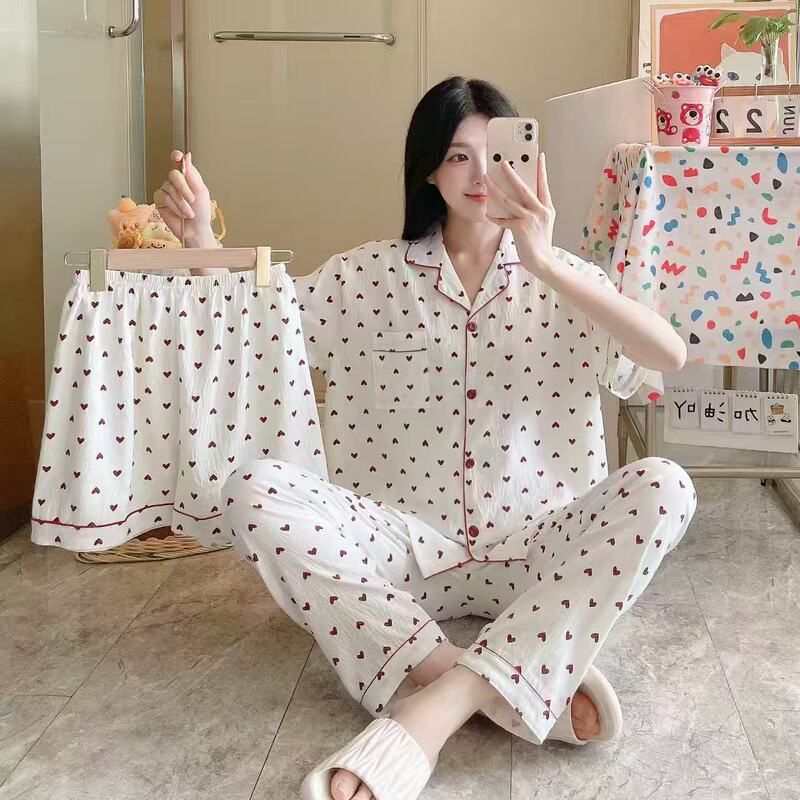 Southeast Asia Cross-Border Cloud Cotton Pajamas Women's Three-Piece Spring and Autumn Cute Cartoon Home Clothes Set High-End