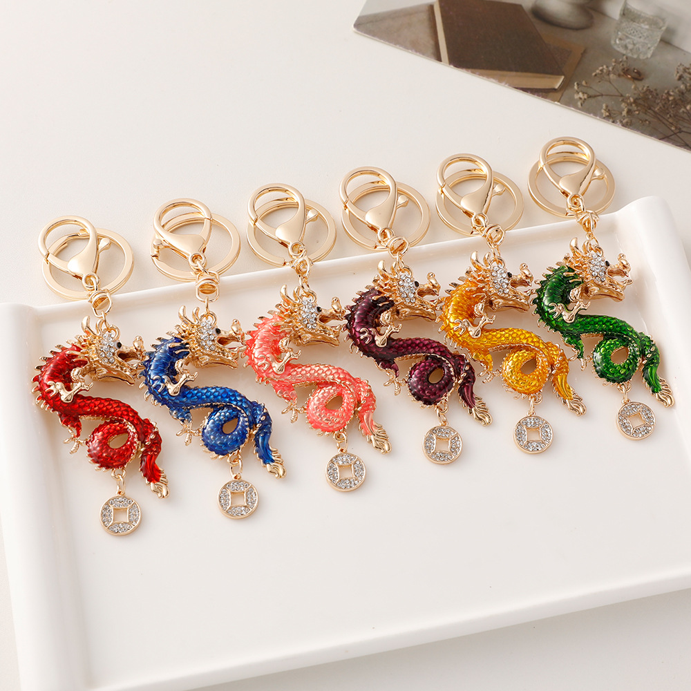 Llavero chino con diamantes, doce signos zodiacales, dragón, accesorio tridimensional