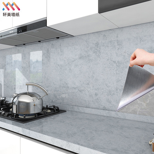 Kitchen oil-proof stickers, high temperature resistant aluminum foil bottom marble wallpaper, stove top waterproof self-adhesive wallpaper wholesale
