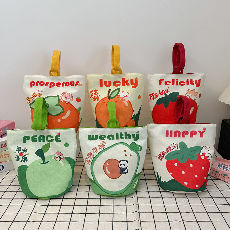可爱水果印花手拎水桶包女网红ins便携收纳帆布包轻便休闲饭盒袋