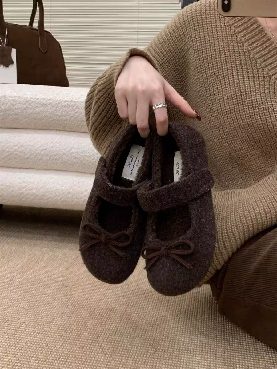 Женские туфли Mary Jane с бантиком, серая плюшевая модель Birkenstock, мелкая балетка-слипон с пушистым верхом