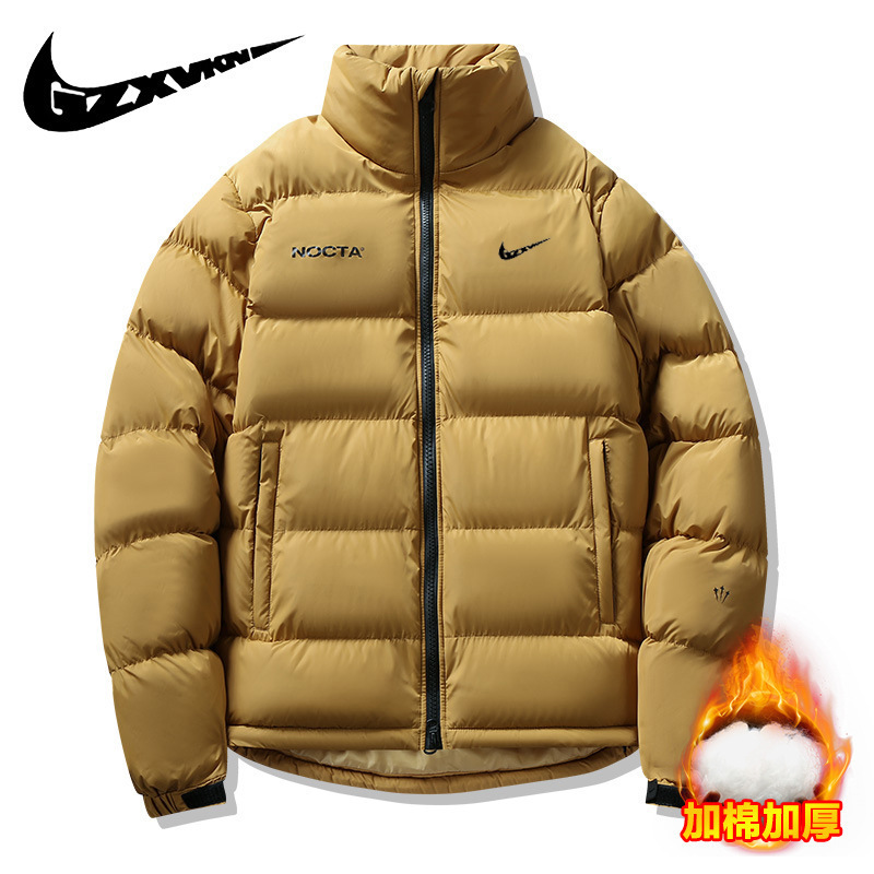 2025 Winter Men's Loose-Fit Stand-Collar Cotton Jacket, Thickened Puffer Coat, Trendy Brand, Plain Nylon Down-Cotton Coat