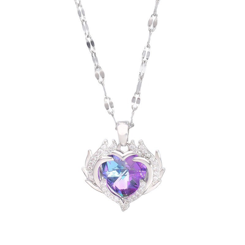 Collar de corazón de océano para mujer – colgante de cristal en forma de corazón, cadena de clavícula de acero inoxidable