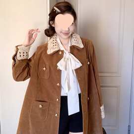 原版有内里 复古蕾丝棕色外套女秋冬季美拉德翻领工装小香风上衣