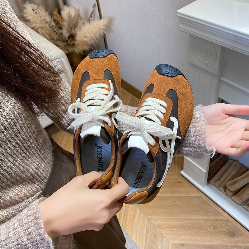 Giày sneaker nữ dáng Agandexun buộc dây tăng chiều cao bên trong 5 cm, mũi tròn, phong cách casual — Màu hồng, Màu nâu đậm, Màu xám, Màu đen