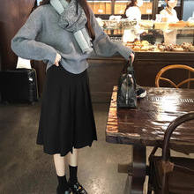 法式复古加厚斜纹西装百褶中裙女春秋冬季高腰显瘦黑色a字半身裙