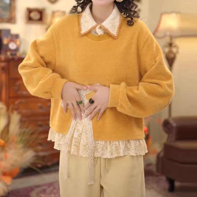 Gorgeous Bow-Knot Faux Two-Piece Yellow Sweater with Lapel for Women, 2025 Winter New Style, Loose-Fitting, Age-Reducing Knit Top Gorgeous Bow-Knot Faux Two-Piece Yellow Sweater with Lapel for Women, 2025 Winter New Style, Loose-Fitting, Age-Reducing Knit Top