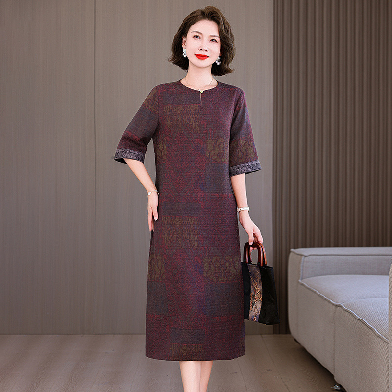High-End Chinese-Style Summer New Model Loose-Fitting Silk Mid-Length Dress for Middle-Aged Women