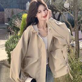 欧货连帽休闲外套女2026早春新款时尚慵懒风宽松大口袋长袖风衣潮