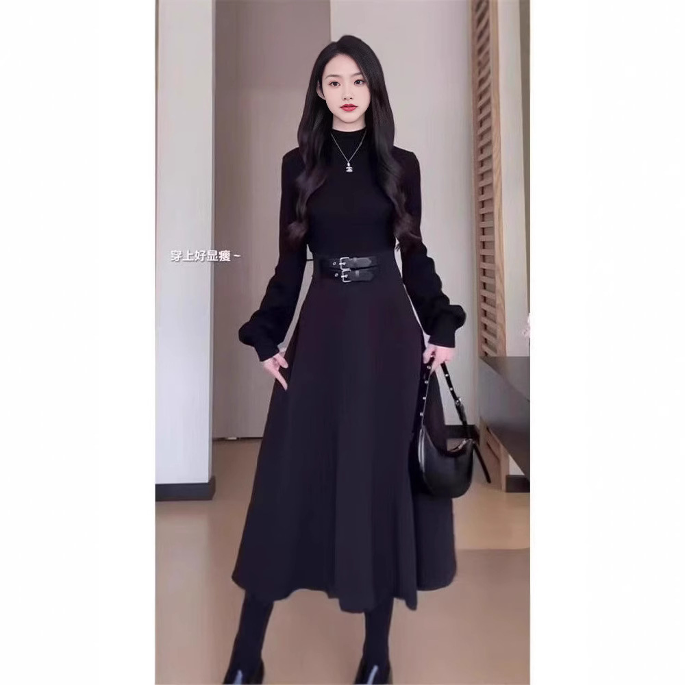 검은 색 하이 엔드 긴팔 원피스 어린이 가을과 겨울 스파이스 소녀 순수한 욕망 작은 코트 베이스 롱 스커트