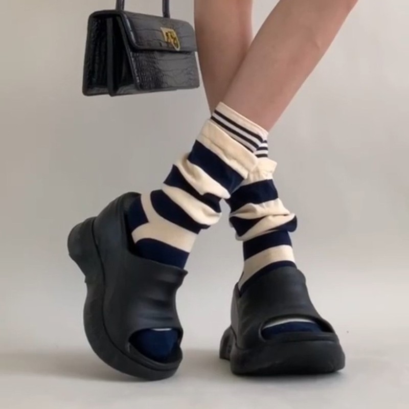 秋冬袜子女条纹百搭堆堆袜安可拉竖条纹中筒袜新款假两件潮流袜子|undefined