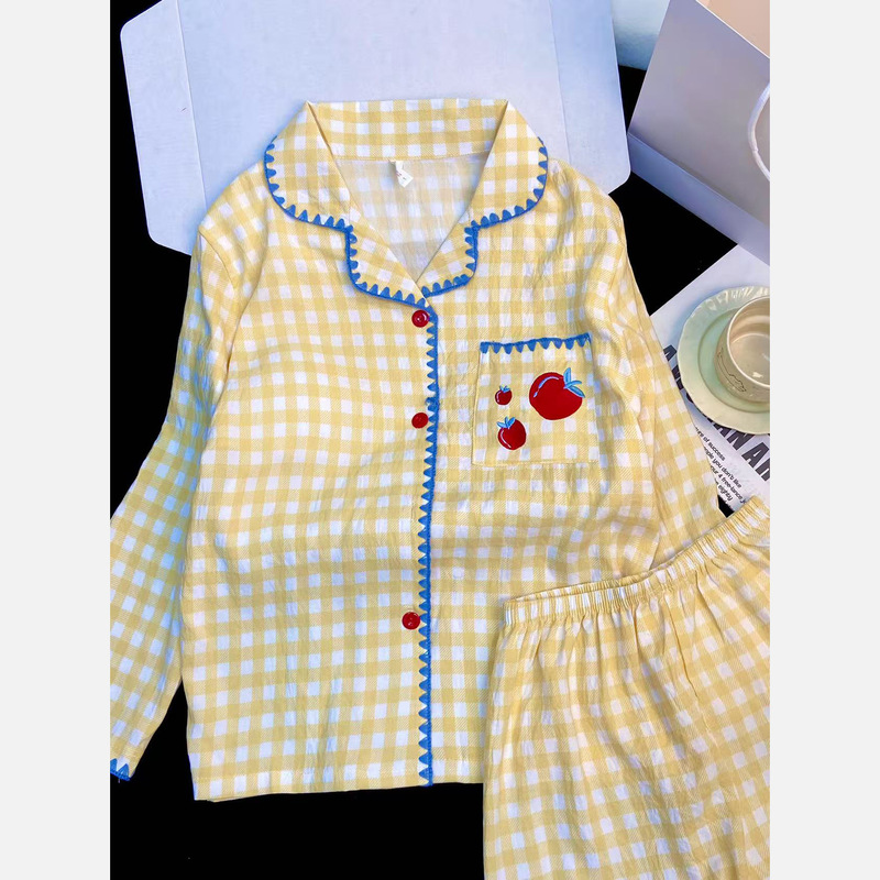 睡衣女款长袖长裤带胸垫春秋季2025年新款卡通可爱翻领家居服套装|undefined