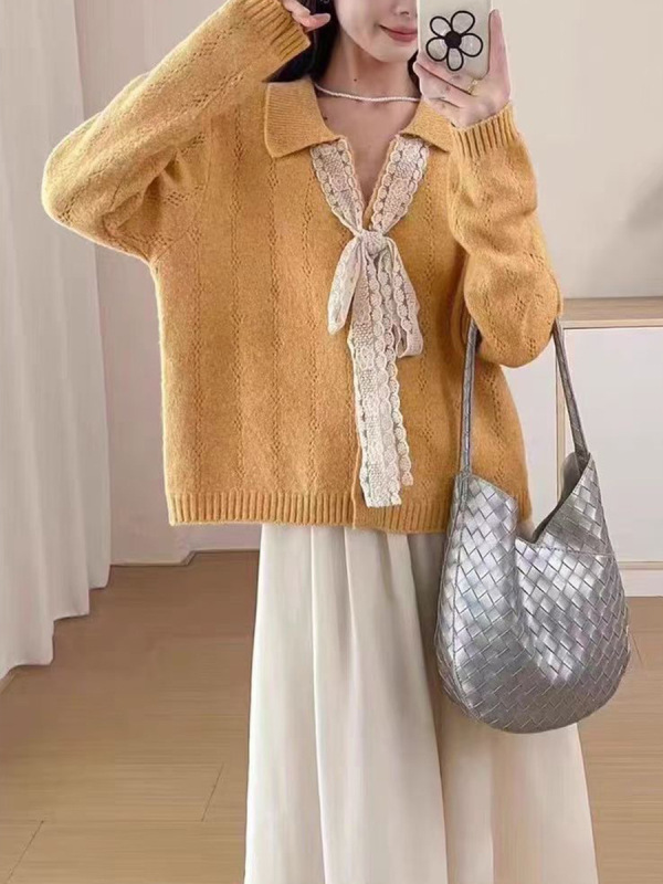 蕾丝系带蝴蝶结针织开衫女2025秋冬新款韩系简约显瘦百搭毛衣外套|undefined