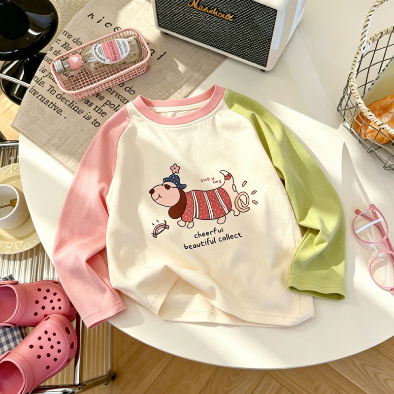 Green and pink cartoon flower hat with dog print, long-sleeved T-shirt for children, autumn style, Korean style, round neck, girls' top.