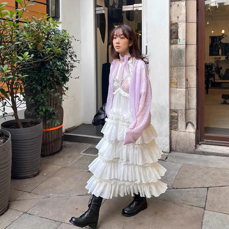 in stock Solid Color Sling Lace Lace dress 2025 Summer Women's Ruffled Fluffy Long Dress flet * a