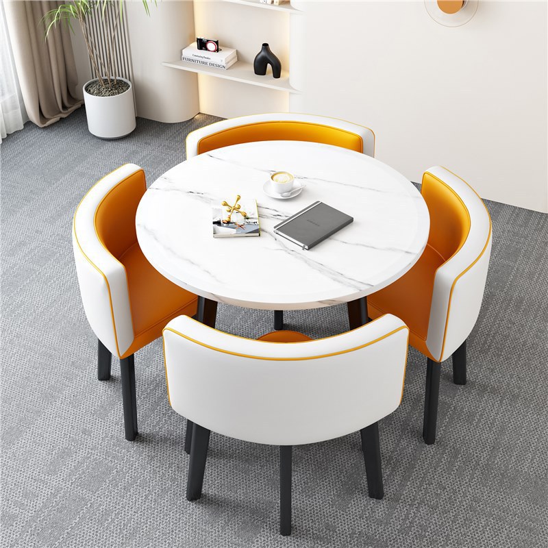 [Factory] 80 imitation white stone pattern round table yellow and white leather …