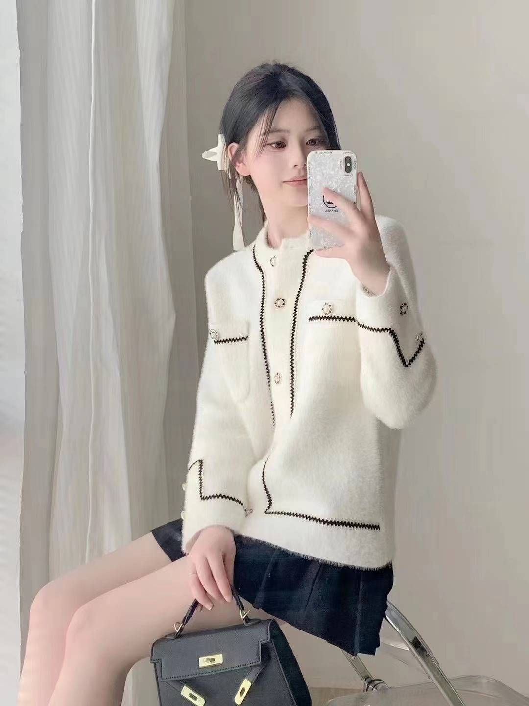 Otoño e Invierno 2023 estilo coreano nuevo estilo Chanel manga larga punto cardigan abrigo Faux visón terciopelo cuello redondo todo el Partido suéter para mujer
