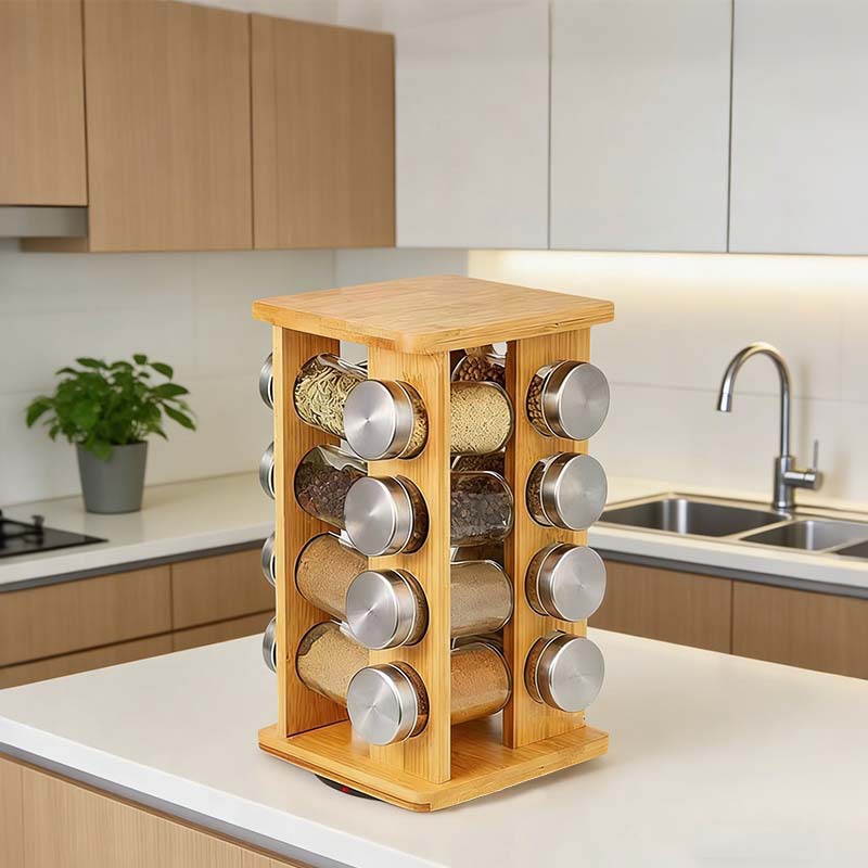 Rack de condimento transfronterizo de bambú y madera giratorio multilatas rack de especias de cocina cubierta de acabado botella de condimento almacenamiento rack de almacenamiento