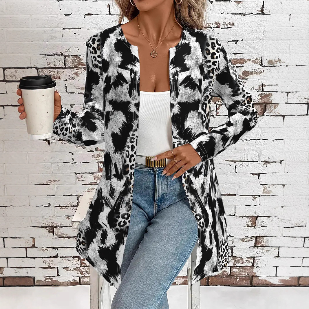 欧美，爆款女士印花宽松中长款开衫 - 秋冬柔软弹力圆领外套，