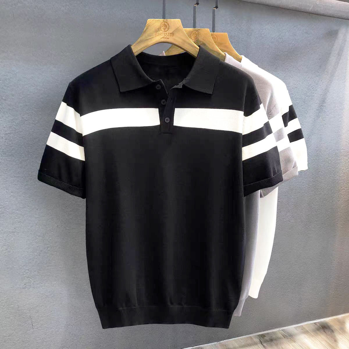 POLO suéter de punto de manga corta con solapa para hombre, verano, seda de hielo, rayas, color a juego, negocio, delgado, marea, comercio exterior, venta al por mayor transfronteriza