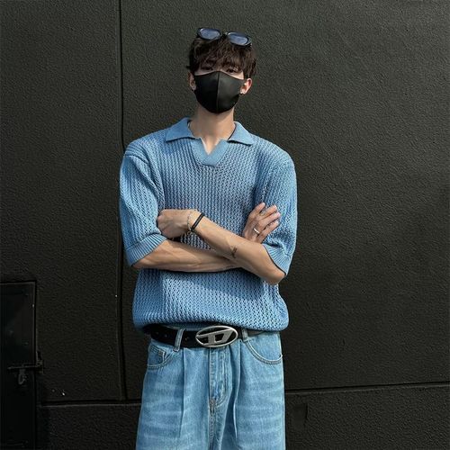 Men's Summer American Street Style Solid Color Knit Short Sleeve 2025 Model Lightweight Mature Casual Stand Collar Half Sleeve Polo Shirt