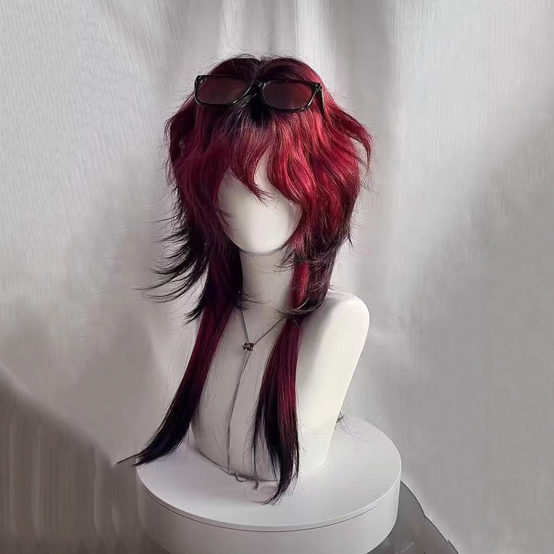 Wig for Women in Red and Black with Dyed Highlights, Gradient Wolf Tail Mullet Head, Gothic Style Artificial Cos Full Headgear