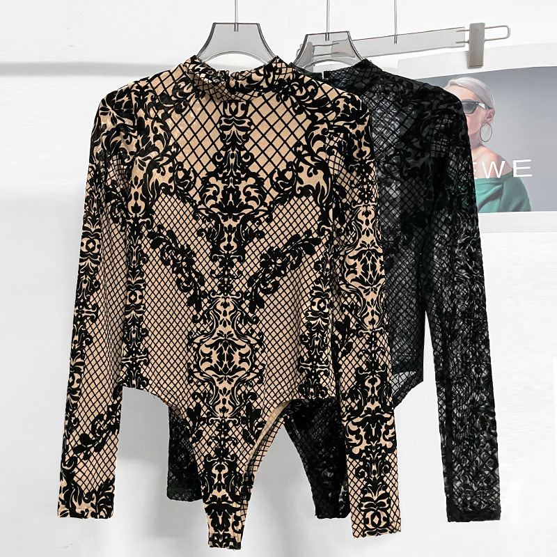 European and American Style Mesh Inner Layer Autumn and Winter Lace Bodysuit Base Shirt Embroidered Women's Long-Sleeve Embroidered Lace Top European and American Style Mesh Inner Layer Autumn and Winter Lace Bodysuit Base Shirt Embroidered Women's Long-Sleeve Embroidered Lace Top